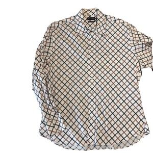 Pedro del Hierro Shirt Mens XXL Cotton Twill Grid Check Ivory Brown Long Sleeve